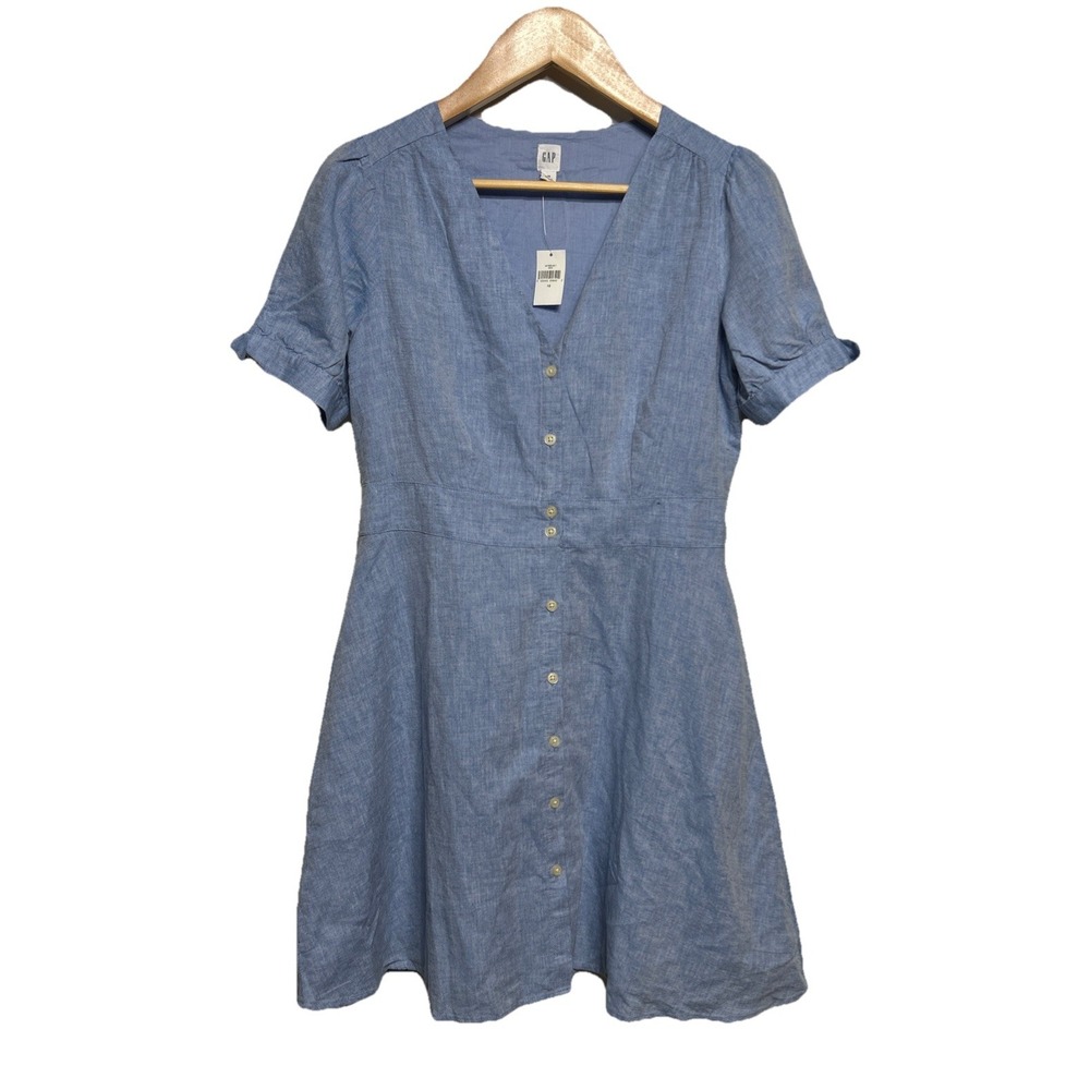Gap Linen Blend Tie Sleeve Button Front‎ Mini Dress Light Blue Size 10 NWT